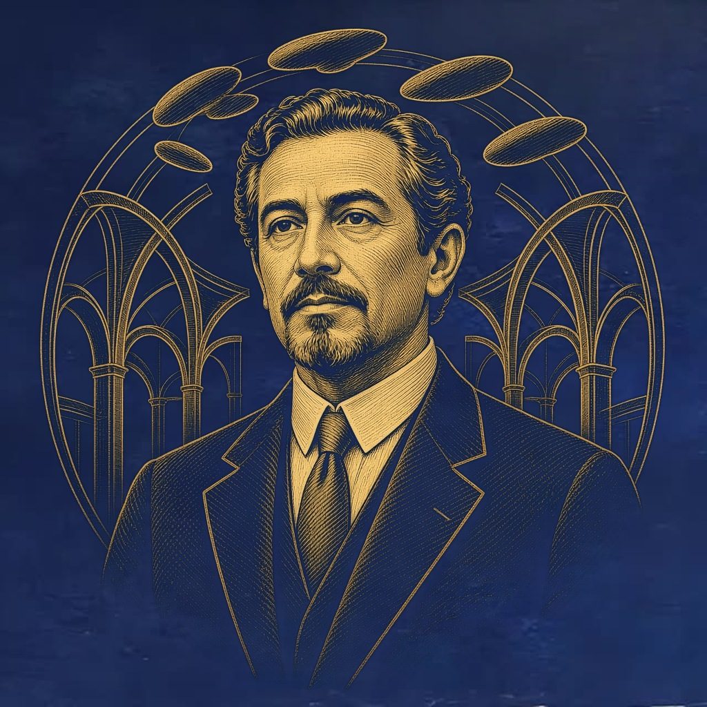 Gold engraved portrait of Carlos Raúl Villanueva