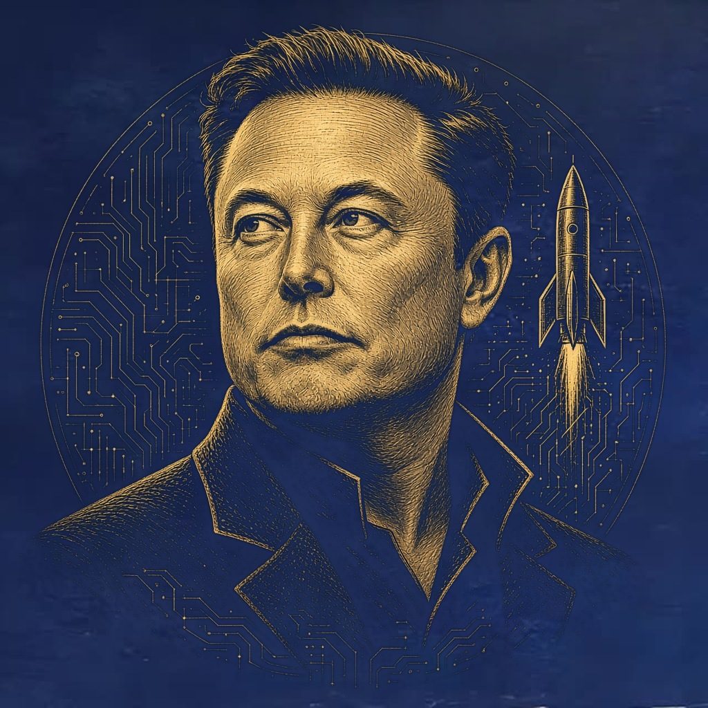 Gold engraved portrait of Elon Musk