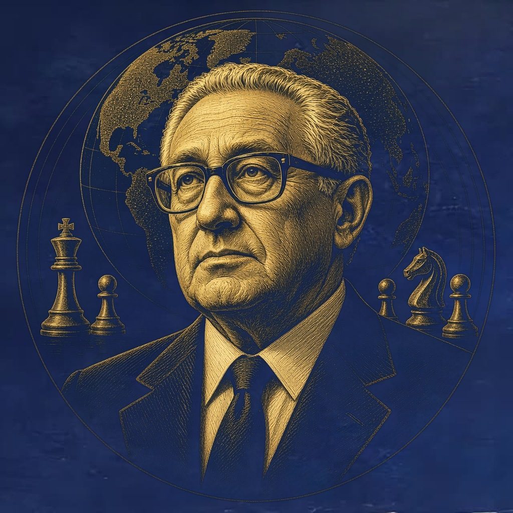 Gold engraved portrait of Henry Kissinger