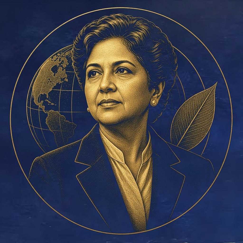 Gold engraved portrait of Indra Nooyi