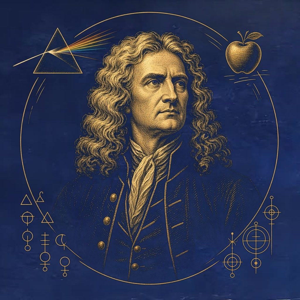 Gold engraved portrait of Isaac Newton