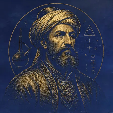 Gold engraved portrait of Jābir ibn Ḥayyān
