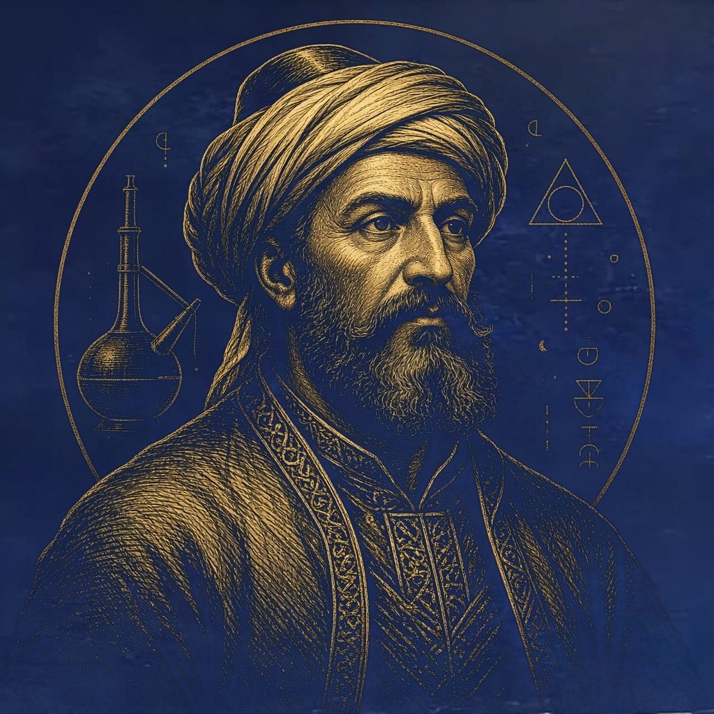 Gold engraved portrait of Jābir ibn Ḥayyān