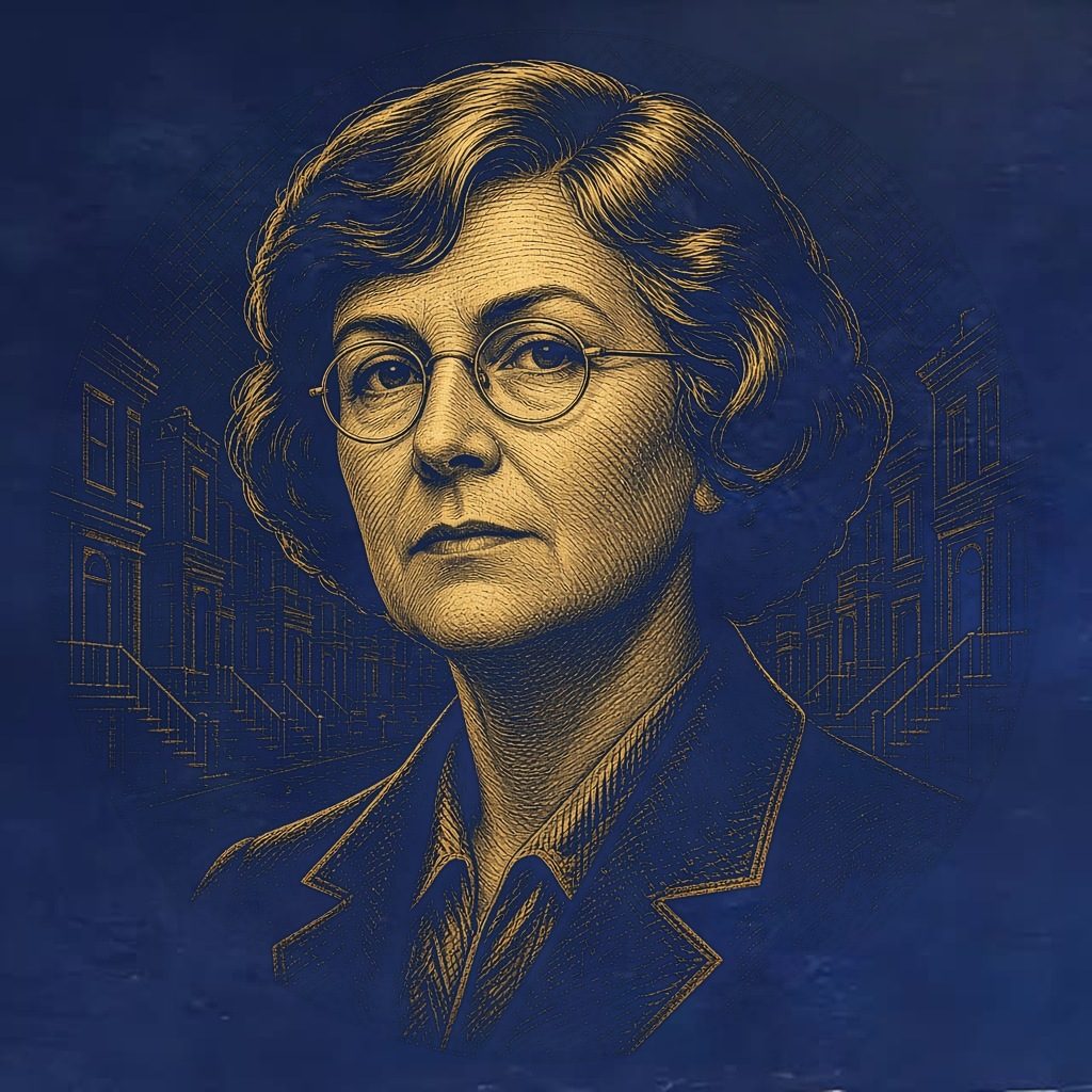 Gold engraved portrait of Jane Jacobs