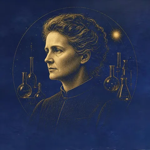 Gold engraved portrait of Marie Curie