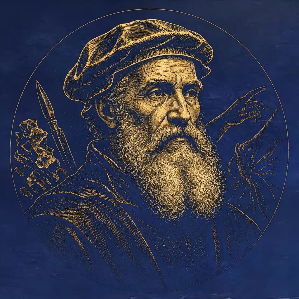 Gold engraved portrait of Michelangelo Buonarroti