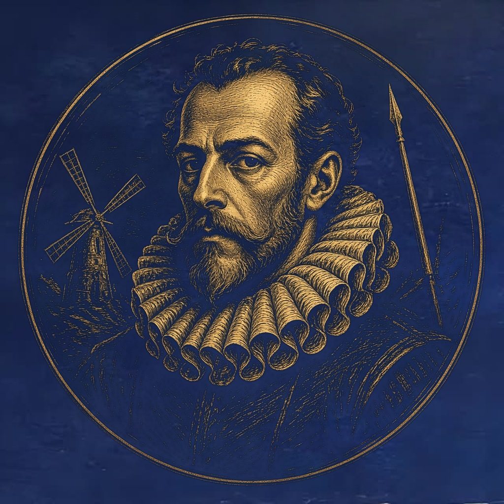Gold engraved portrait of Miguel de Cervantes