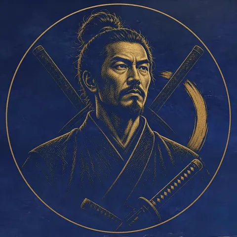Gold engraved portrait of Miyamoto Musashi