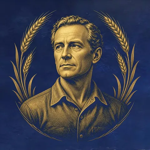 Gold engraved portrait of Norman Borlaug