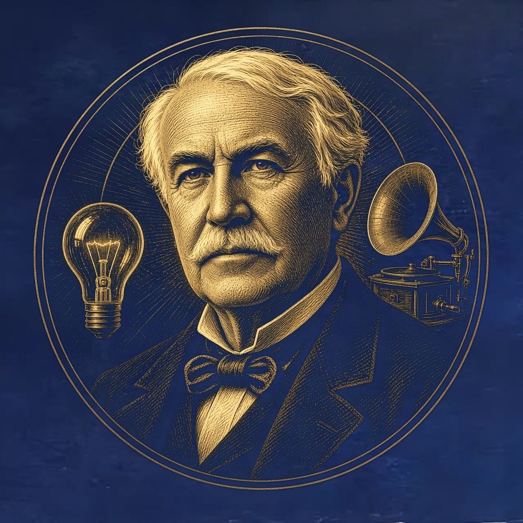 Gold engraved portrait of Thomas Edison